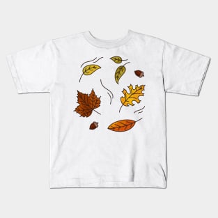 Simple autumn leaves falling acorns orange yellow green minimal cartoon maple tree Kids T-Shirt